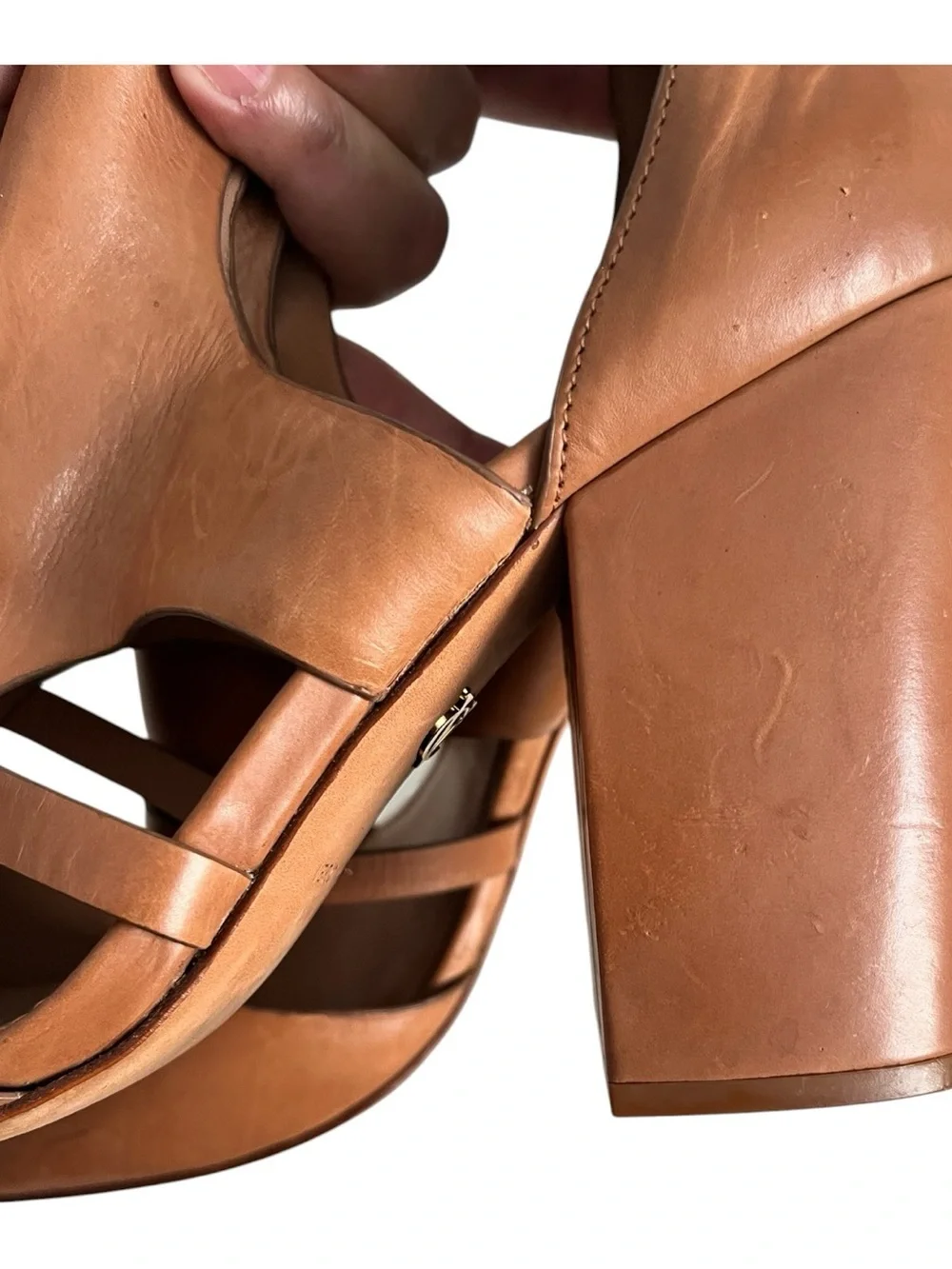 Vince Camuto Cognac Leather Pointed Toe Cutout Block Heel Pumps Sz 10